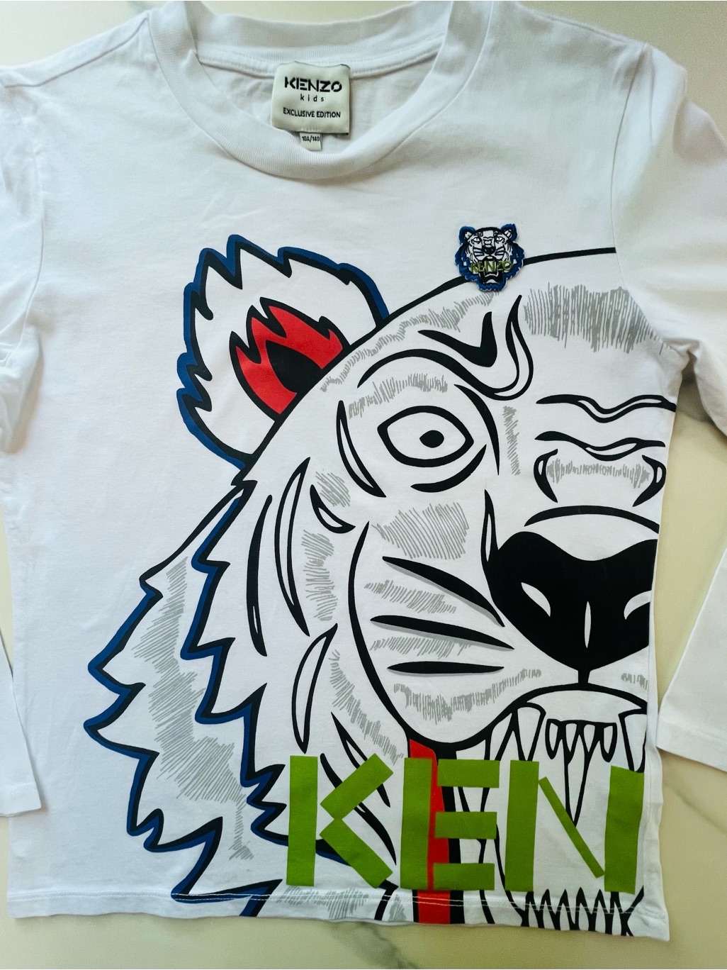 Kenzo Kids White Tiger Long Sleeve Logo Tee Size 10a Eu140